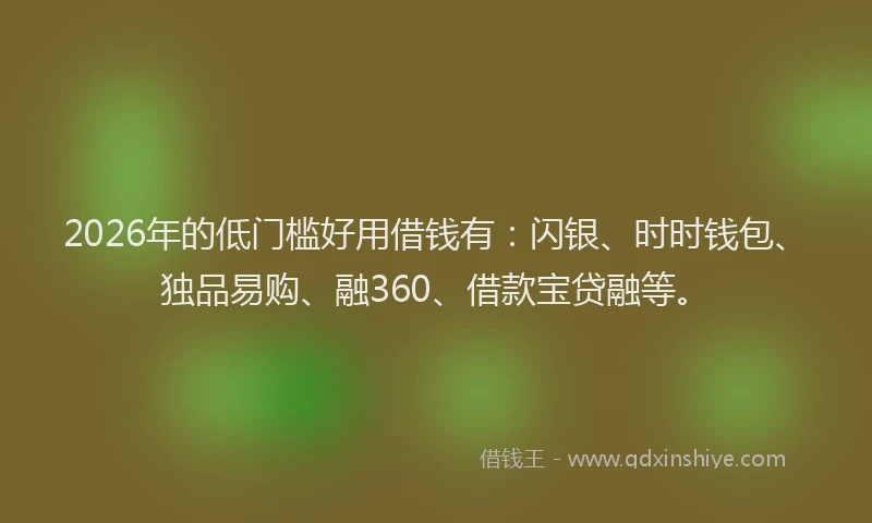 2026年的低门槛好用借钱有:闪银、时时钱包、独品易购、融360、借款宝贷融等。
