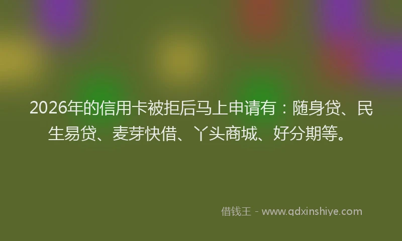 2026年的信用卡被拒后马上申请有：随身贷、民生易贷、麦芽快借、丫头商城、好分期等。