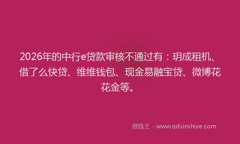 2026年的中行e贷款审核不通过有:玥成租机、借了么快贷、维维钱包、现金易融宝贷、微博花花金等。