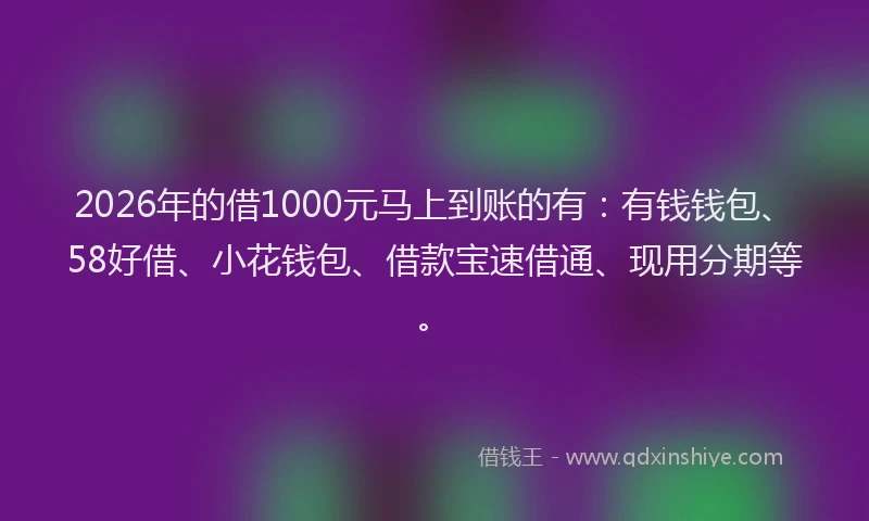 2026年的借1000元马上到账的有：有钱钱包、58好借、小花钱包、借款宝速借通、现用分期等。