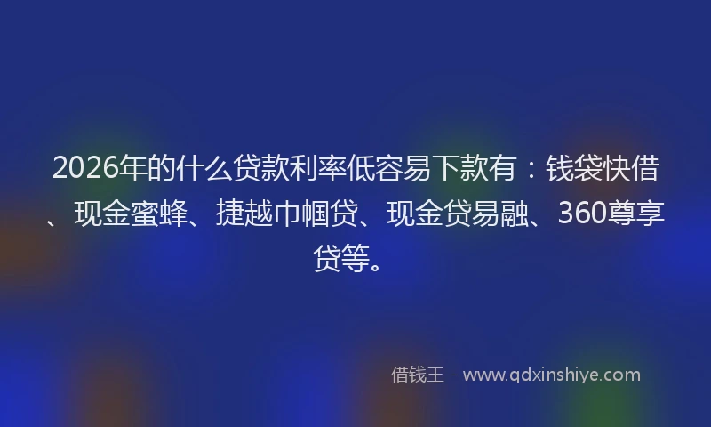2026年的什么贷款利率低容易下款有:钱袋快借、现金蜜蜂、捷越巾帼贷、现金贷易融、360尊享贷等。