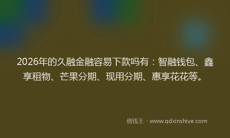 2026年的久融金融容易下款吗有：智融钱包、鑫享租物、芒果分期、现用分期、惠享花花等。
