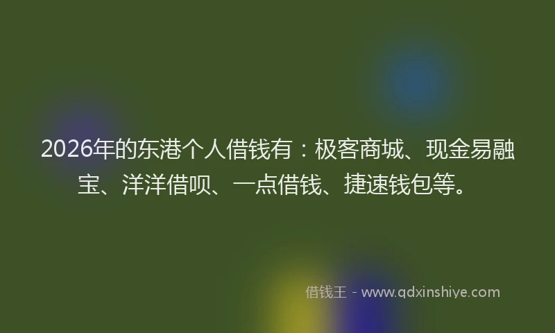 2026年的东港个人借钱有：极客商城、现金易融宝、洋洋借呗、一点借钱、捷速钱包等。