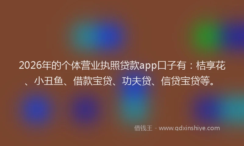 2026年的个体营业执照贷款app口子有：桔享花、小丑鱼、借款宝贷、功夫贷、信贷宝贷等。