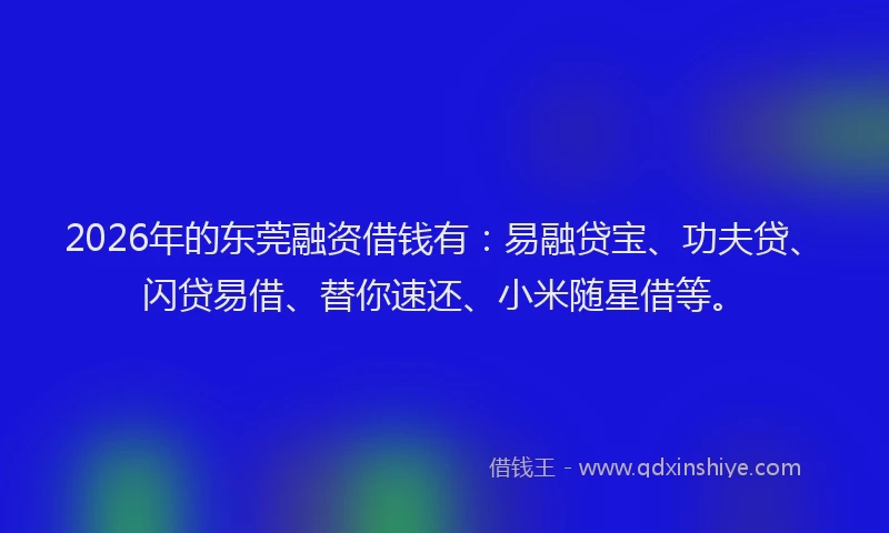 2026年的东莞融资借钱有：易融贷宝、功夫贷、闪贷易借、替你速还、小米随星借等。