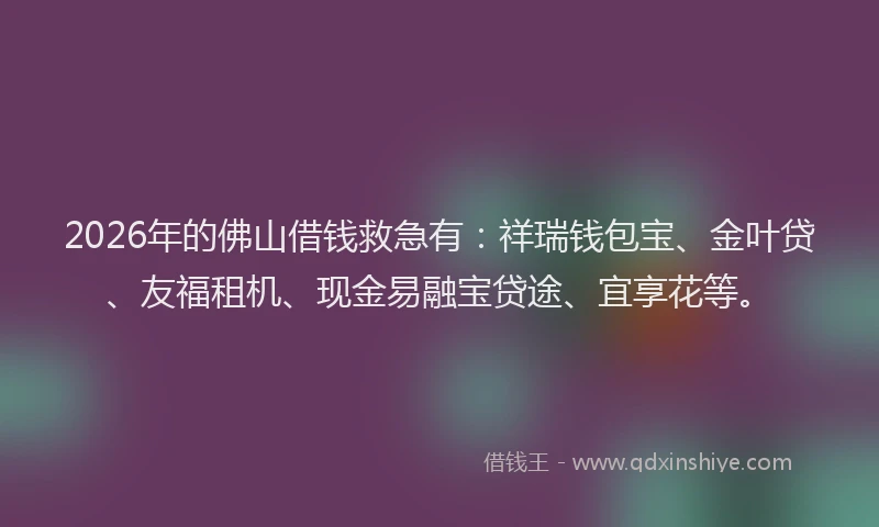 2026年的佛山借钱救急有：祥瑞钱包宝、金叶贷、友福租机、现金易融宝贷途、宜享花等。