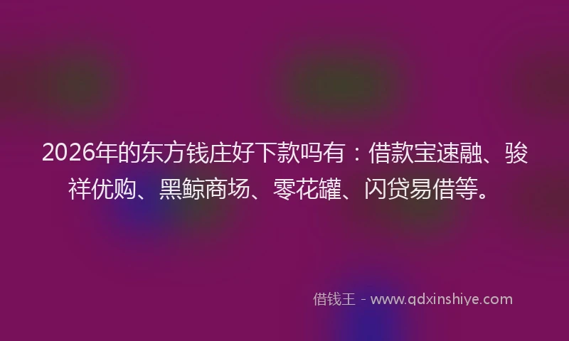 2026年的东方钱庄好下款吗有：借款宝速融、骏祥优购、黑鲸商场、零花罐、闪贷易借等。