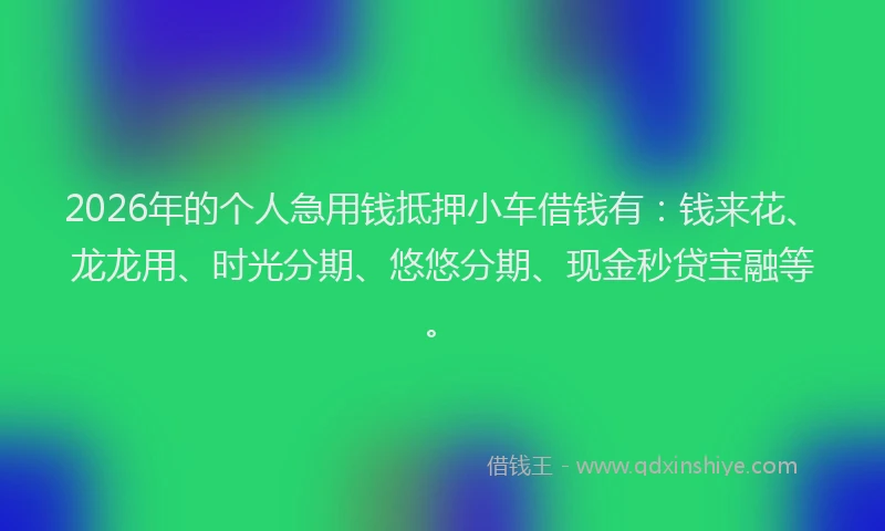 2026年的个人急用钱抵押小车借钱有：钱来花、龙龙用、时光分期、悠悠分期、现金秒贷宝融等。