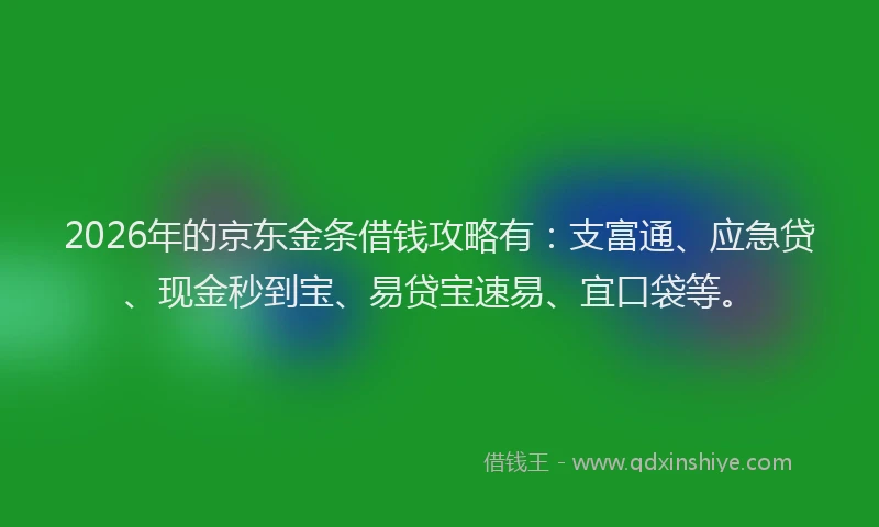 2026年的京东金条借钱攻略有：支富通、应急贷、现金秒到宝、易贷宝速易、宜口袋等。