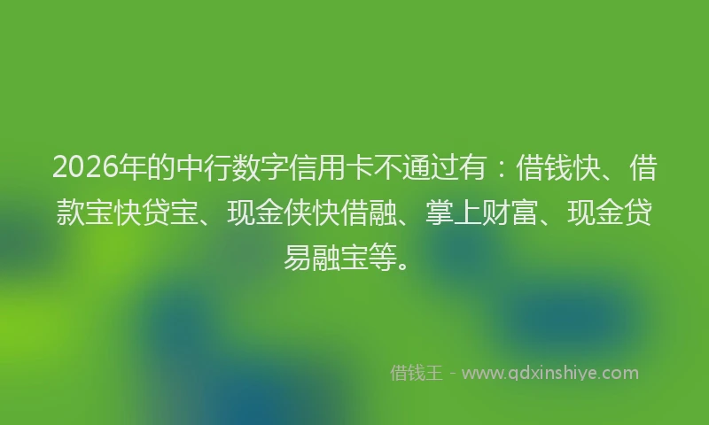 2026年的中行数字信用卡不通过有:借钱快、借款宝快贷宝、现金侠快借融、掌上财富、现金贷易融宝等。