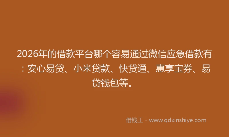 2026年的借款平台哪个容易通过微信应急借款有：安心易贷、小米贷款、快贷通、惠享宝券、易贷钱包等。