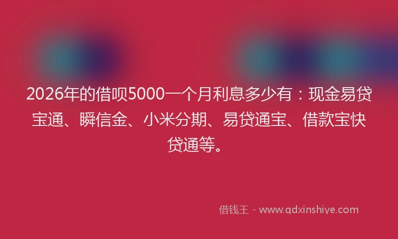 2026年的借呗5000一个月利息多少有：现金易贷宝通、瞬信金、小米分期、易贷通宝、借款宝快贷通等。