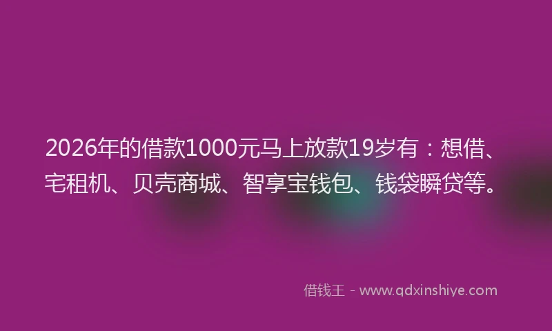 2026年的借款1000元马上放款19岁有：想借、宅租机、贝壳商城、智享宝钱包、钱袋瞬贷等。