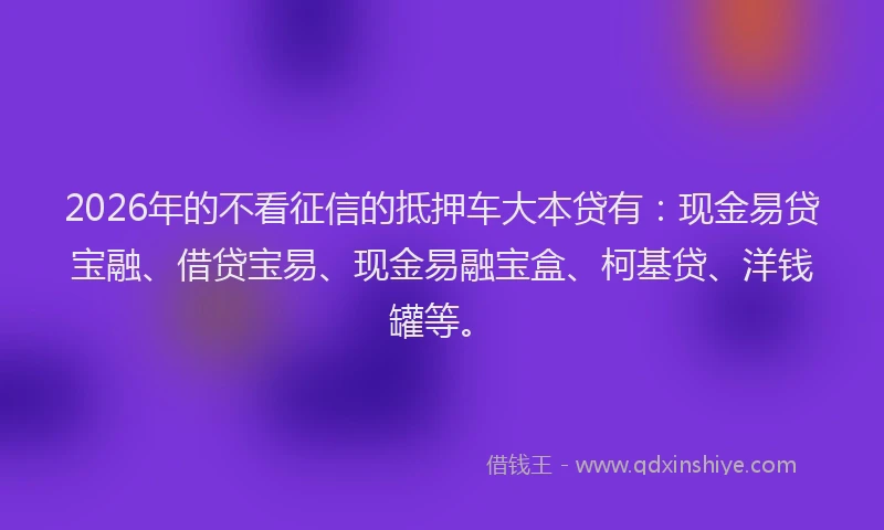 2026年的不看征信的抵押车大本贷有：现金易贷宝融、借贷宝易、现金易融宝盒、柯基贷、洋钱罐等。