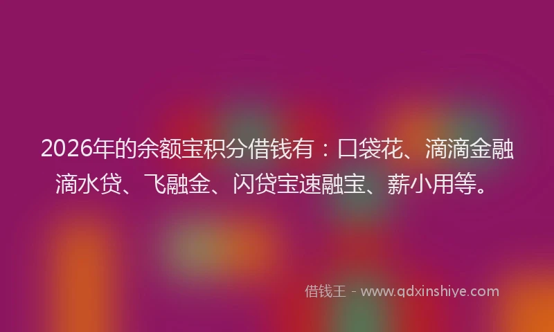 2026年的余额宝积分借钱有:口袋花、滴滴金融滴水贷、飞融金、闪贷宝速融宝、薪小用等。