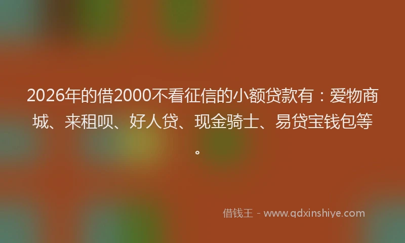 2026年的借2000不看征信的小额贷款有：爱物商城、来租呗、好人贷、现金骑士、易贷宝钱包等。