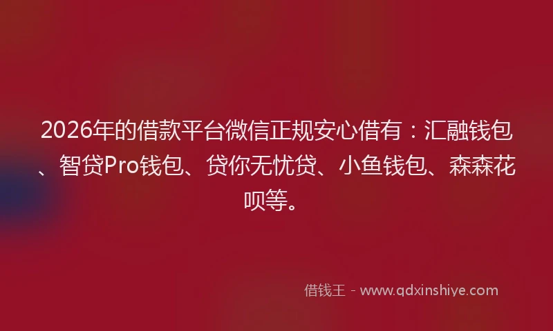 2026年的借款平台微信正规安心借有：汇融钱包、智贷Pro钱包、贷你无忧贷、小鱼钱包、森森花呗等。