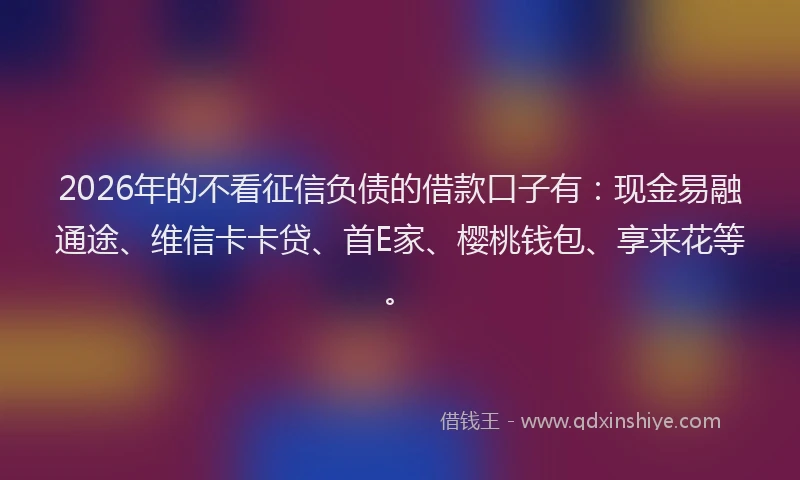 2026年的不看征信负债的借款口子有：现金易融通途、维信卡卡贷、首E家、樱桃钱包、享来花等。