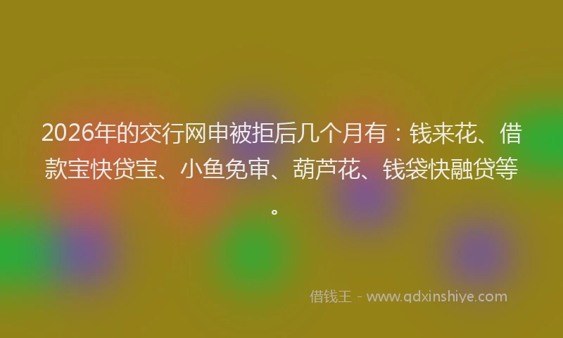 2026年的交行网申被拒后几个月有：钱来花、借款宝快贷宝、小鱼免审、葫芦花、钱袋快融贷等。