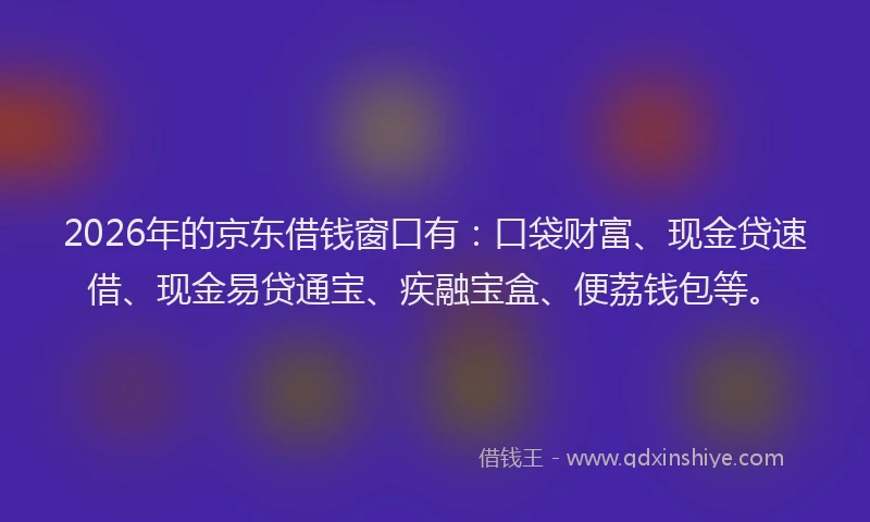 2026年的京东借钱窗口有：口袋财富、现金贷速借、现金易贷通宝、疾融宝盒、便荔钱包等。
