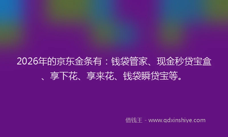 2026年的京东金条有：钱袋管家、现金秒贷宝盒、享下花、享来花、钱袋瞬贷宝等。