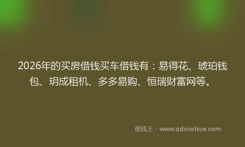 2026年的买房借钱买车借钱有：易得花、琥珀钱包、玥成租机、多多易购、恒瑞财富网等。