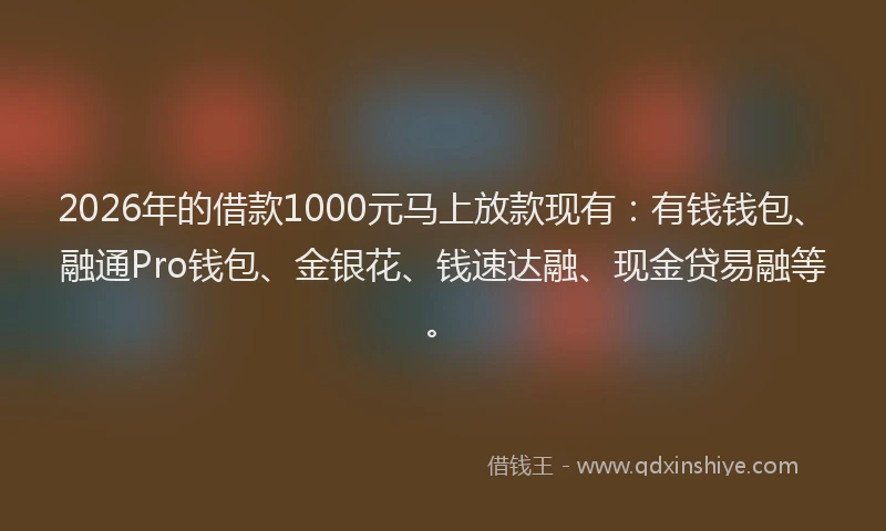 2026年的借款1000元马上放款现有：有钱钱包、融通Pro钱包、金银花、钱速达融、现金贷易融等。