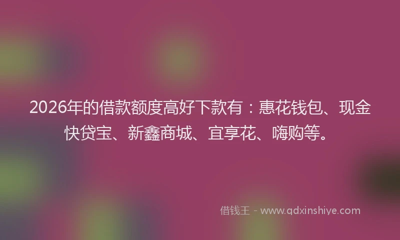 2026年的借款额度高好下款有:惠花钱包、现金快贷宝、新鑫商城、宜享花、嗨购等。