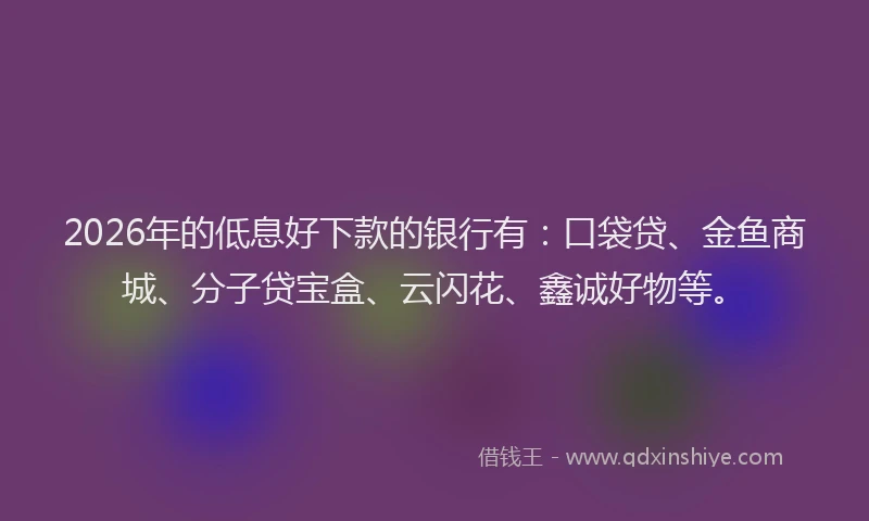 2026年的低息好下款的银行有：口袋贷、金鱼商城、分子贷宝盒、云闪花、鑫诚好物等。