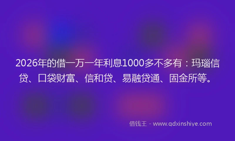 2026年的借一万一年利息1000多不多有：玛瑙信贷、口袋财富、信和贷、易融贷通、固金所等。