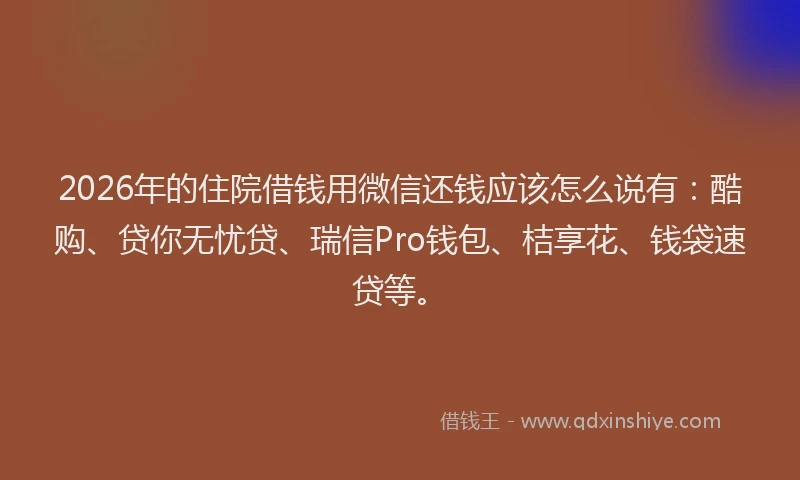 2026年的住院借钱用微信还钱应该怎么说有:酷购、贷你无忧贷、瑞信Pro钱包、桔享花、钱袋速贷等。