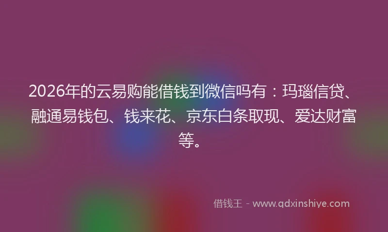 2026年的云易购能借钱到微信吗有:玛瑙信贷、融通易钱包、钱来花、京东白条取现、爱达财富等。