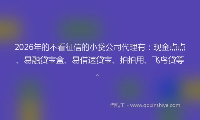 2026年的不看征信的小贷公司代理有：现金点点、易融贷宝盒、易借速贷宝、拍拍用、飞鸟贷等。