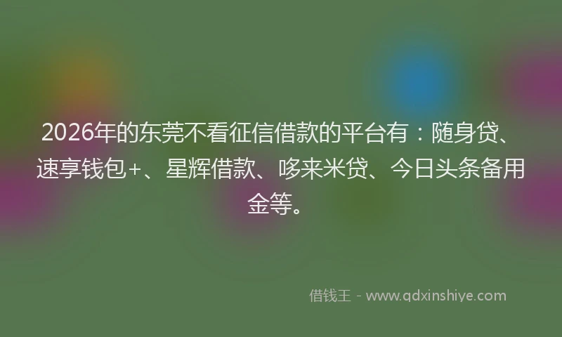 2026年的东莞不看征信借款的平台有：随身贷、速享钱包+、星辉借款、哆来米贷、今日头条备用金等。