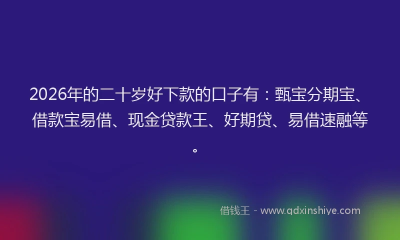 2026年的二十岁好下款的口子有:甄宝分期宝、借款宝易借、现金贷款王、好期贷、易借速融等。