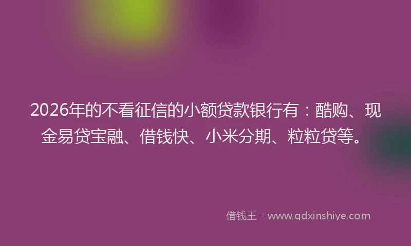 2026年的不看征信的小额贷款银行有：酷购、现金易贷宝融、借钱快、小米分期、粒粒贷等。