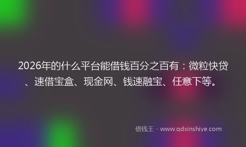 2026年的什么平台能借钱百分之百有：微粒快贷、速借宝盒、现金网、钱速融宝、任意下等。