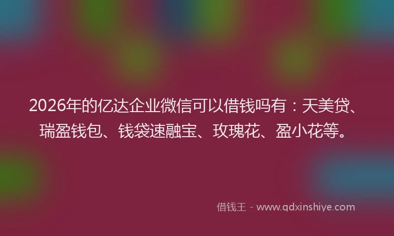 2026年的亿达企业微信可以借钱吗有：天美贷、瑞盈钱包、钱袋速融宝、玫瑰花、盈小花等。