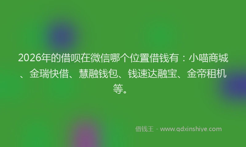 2026年的借呗在微信哪个位置借钱有：小喵商城、金瑞快借、慧融钱包、钱速达融宝、金帝租机等。