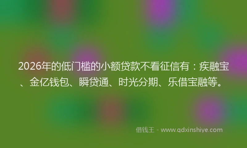 2026年的低门槛的小额贷款不看征信有:疾融宝、金亿钱包、瞬贷通、时光分期、乐借宝融等。
