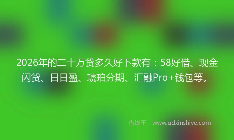 2026年的二十万贷多久好下款有:58好借、现金闪贷、日日盈、琥珀分期、汇融Pro+钱包等。