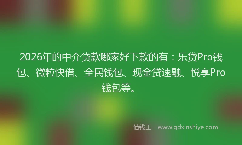 2026年的中介贷款哪家好下款的有:乐贷Pro钱包、微粒快借、全民钱包、现金贷速融、悦享Pro钱包等。