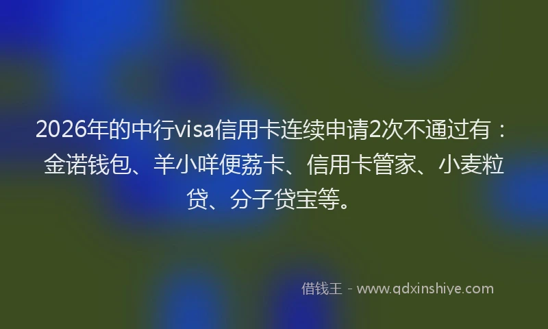 2026年的中行visa信用卡连续申请2次不通过有:金诺钱包、羊小咩便荔卡、信用卡管家、小麦粒贷、分子贷宝等。