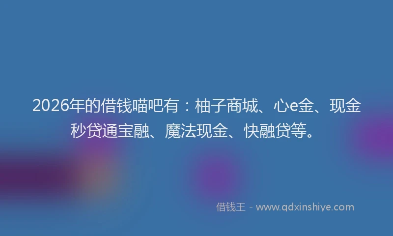 2026年的借钱喵吧有：柚子商城、心e金、现金秒贷通宝融、魔法现金、快融贷等。