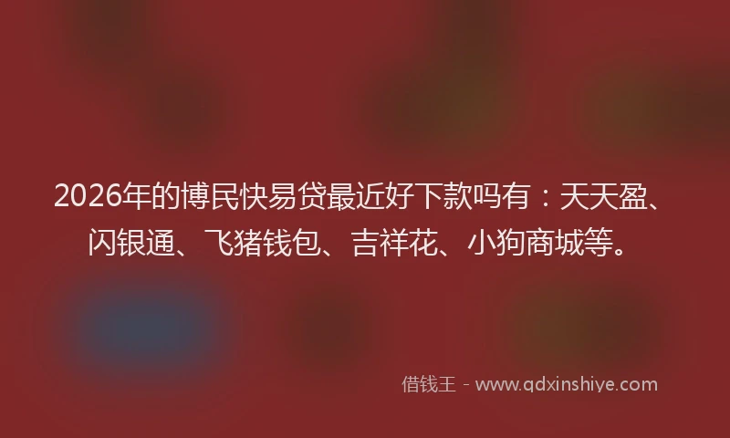 2026年的博民快易贷最近好下款吗有:天天盈、闪银通、飞猪钱包、吉祥花、小狗商城等。