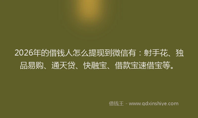 2026年的借钱人怎么提现到微信有:射手花、独品易购、通天贷、快融宝、借款宝速借宝等。