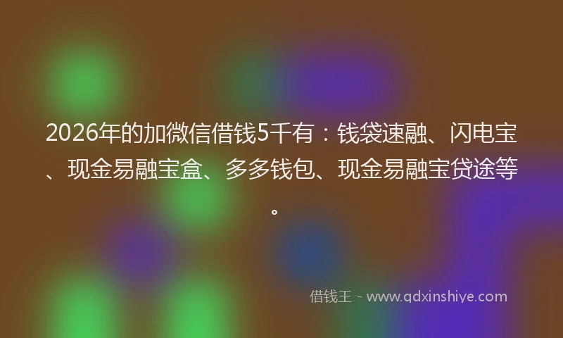 2026年的加微信借钱5千有：钱袋速融、闪电宝、现金易融宝盒、多多钱包、现金易融宝贷途等。