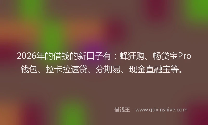 2026年的借钱的新口子有：蜂狂购、畅贷宝Pro钱包、拉卡拉速贷、分期易、现金直融宝等。