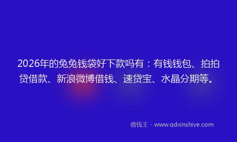 2026年的兔兔钱袋好下款吗有:有钱钱包、拍拍贷借款、新浪微博借钱、速贷宝、水晶分期等。