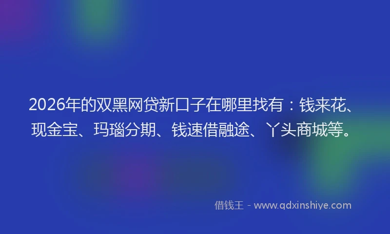 2026年的双黑网贷新口子在哪里找有：钱来花、现金宝、玛瑙分期、钱速借融途、丫头商城等。